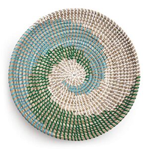 allegorie woven basket bowl wall hanging | handmade decorative bowl with hook | chic boho décor, ideal housewarming gift for her | 13 inches (green & blue)