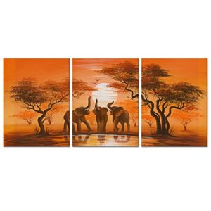 ihappywall vintage african elephant canvas wall art african forest sunset elephant family around lake landscape painting print on canvas framed and stretched for living room home decor (12″x16″x3pcs)