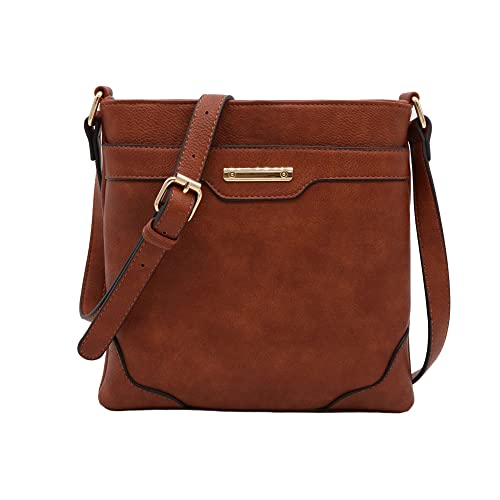 Women's Medium Size Solid Modern Classic Crossbody Bag with Gold Plate (Brown)