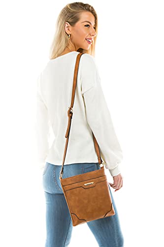 Women's Medium Size Solid Modern Classic Crossbody Bag with Gold Plate (Brown)