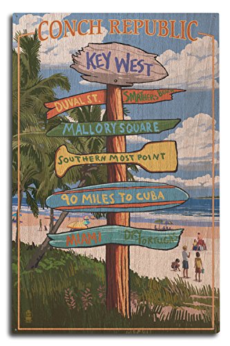 Key West, Florida, Conch Republic, Destinations Sign Birch Wood Wall Sign (10x15 Rustic Home Decor, Ready to Hang Art)