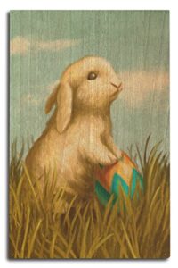 easter bunny, oil painting birch wood wall sign (10×15 rustic home decor, ready to hang art)