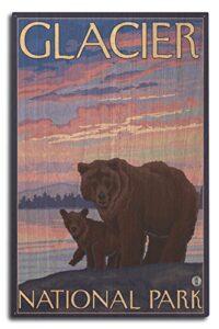 glacier national park, montana, bear and cub birch wood wall sign (10×15 rustic home decor, ready to hang art)