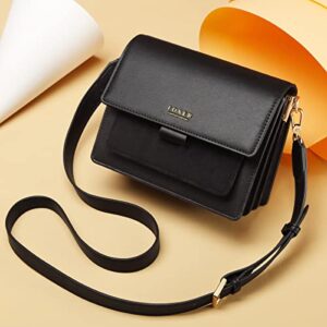 Small Leather Crossbody Bags for Women, Genuine Leather Adjustable Strap Multi Compartments Women's Mini Shoulder Bags Ladies Phone Purses Girls Casual Cute Messenger Bags Womens Clutch Bags (Black)