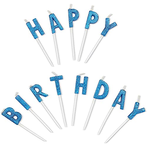 Happy Birthday Cake Topper Letters with Long Thin Glitter Candles in Holders (37 Pack)