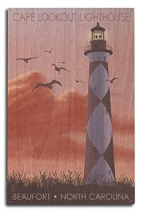 beaufort, north carolina, cape lookout lighthouse and sunrise birch wood wall sign (10×15 rustic home decor, ready to hang art)