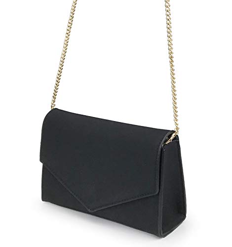 HOXIS Minimalist Evening Envelope Clutch Chain Shoulder Bag Women Faux Leather Suede Purse (Black)