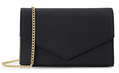 HOXIS Minimalist Evening Envelope Clutch Chain Shoulder Bag Women Faux Leather Suede Purse (Black)