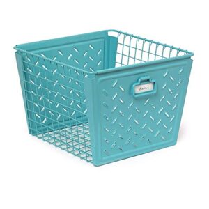 spectrum diversified macklin, stamped steel & wire basket for closet & cubby storage vintage-inspired design with customizable label plate, large, teal
