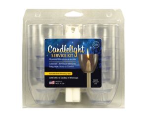 candlelight service kit (pack of 10) includes (10) clear wind/drip cups and (10) .5″ x 5.375″ unscented white candles made in usa