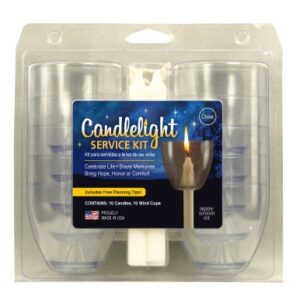 Candlelight Service Kit (Pack of 10) Includes (10) Clear Wind/Drip Cups and (10) .5" X 5.375" Unscented White Candles Made in USA