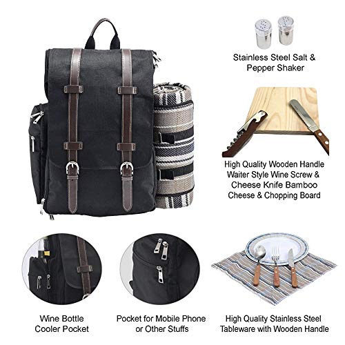 Picnic Backpack for 2 | Picnic Basket | Stylish All-in-One Portable Picnic Bag with Complete Cutlery Set, Stainless Steel S/P Shakers | Picnic Blanket Waterproof Extra Large| Cooler Bag for Camping