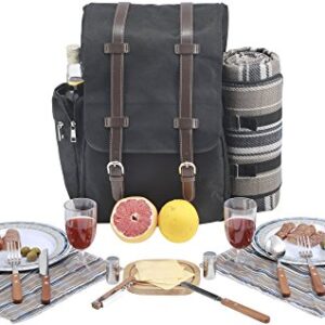 Picnic Backpack for 2 | Picnic Basket | Stylish All-in-One Portable Picnic Bag with Complete Cutlery Set, Stainless Steel S/P Shakers | Picnic Blanket Waterproof Extra Large| Cooler Bag for Camping