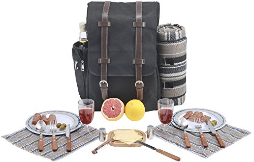 Picnic Backpack for 2 | Picnic Basket | Stylish All-in-One Portable Picnic Bag with Complete Cutlery Set, Stainless Steel S/P Shakers | Picnic Blanket Waterproof Extra Large| Cooler Bag for Camping