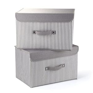 mee’life foldable storage boxes with lids 2 pack linen fabric storage bins with lids, closet organizers and storage baskets cubes for home bedroom closet office (grey stripes, 14.9×9.8×9.8in)