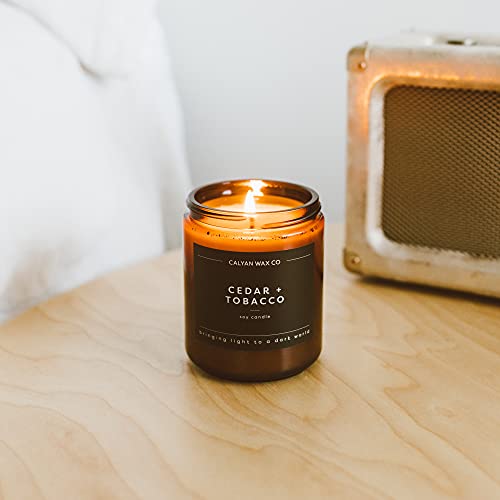 Calyan Wax Soy Wax Candle, Cedar & Tobacco Scented Candle for The Home | Premium Candle with Essential Oils | 7.2 oz 57 Hour Burn | Soy Candle in Amber Glass Jar | Aromatherapy, Gift