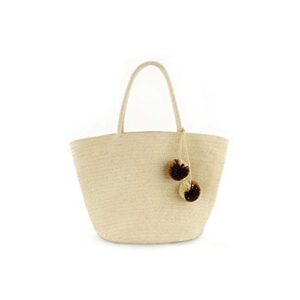 qtkj women straw summer beach bag handwoven big tote shoulder handbag with pom pom decorate (beige)