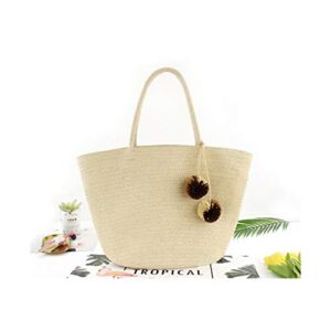 QTKJ Women Straw Summer Beach Bag Handwoven Big Tote Shoulder Handbag with Pom Pom Decorate (Beige)