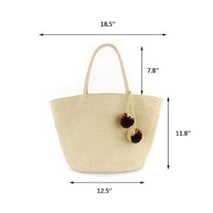 QTKJ Women Straw Summer Beach Bag Handwoven Big Tote Shoulder Handbag with Pom Pom Decorate (Beige)