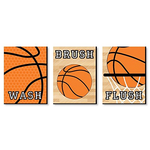 Big Dot of Happiness Nothin' but Net - Basketball - Kids Bathroom Rules Wall Art - 7.5 x 10 inches - Set of 3 Signs - Wash, Brush, Flush