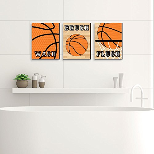 Big Dot of Happiness Nothin' but Net - Basketball - Kids Bathroom Rules Wall Art - 7.5 x 10 inches - Set of 3 Signs - Wash, Brush, Flush