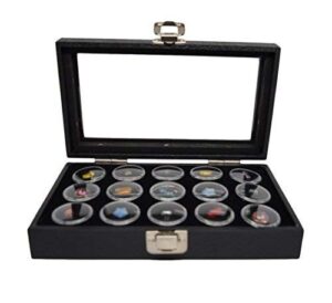 novel box medium glass top black leatherette jewelry display case + 15 count jar insert tray in black + custom nb pouch