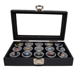 Novel Box Medium Glass Top Black Leatherette Jewelry Display Case + 15 Count Jar Insert Tray in Black + Custom NB Pouch