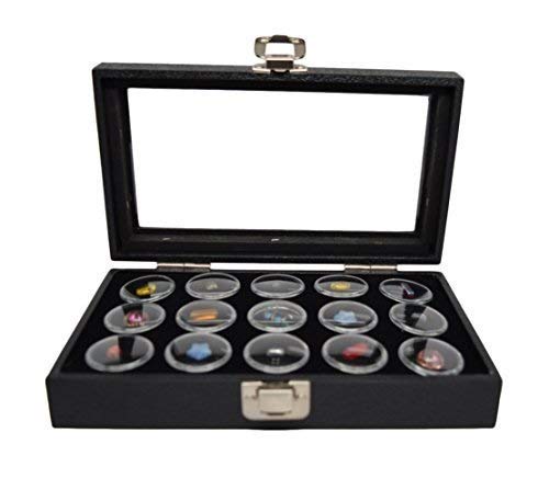 Novel Box Medium Glass Top Black Leatherette Jewelry Display Case + 15 Count Jar Insert Tray in Black + Custom NB Pouch