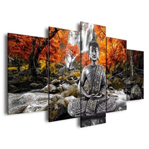 awlxphy decor buddha waterfall wall art canvas painting framed 5 panels for living room decoration modern landscape buddha trees zen stretched artwork giclee (yellow, 60″x30″)