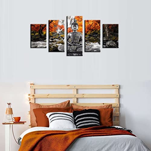 AWLXPHY Decor Buddha Waterfall Wall Art Canvas Painting Framed 5 Panels for Living Room Decoration Modern Landscape Buddha Trees Zen Stretched Artwork Giclee (Yellow, 60"x30")