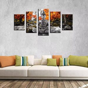 AWLXPHY Decor Buddha Waterfall Wall Art Canvas Painting Framed 5 Panels for Living Room Decoration Modern Landscape Buddha Trees Zen Stretched Artwork Giclee (Yellow, 60"x30")