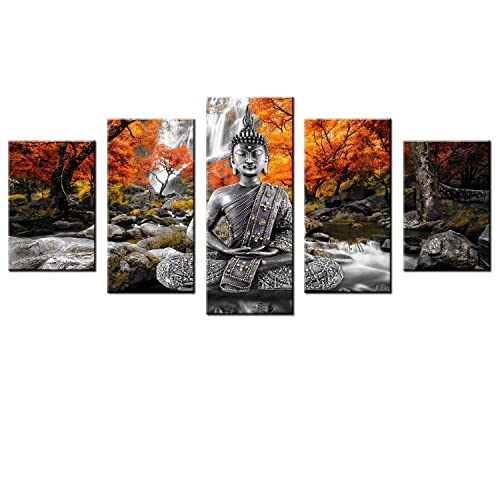 AWLXPHY Decor Buddha Waterfall Wall Art Canvas Painting Framed 5 Panels for Living Room Decoration Modern Landscape Buddha Trees Zen Stretched Artwork Giclee (Yellow, 60"x30")