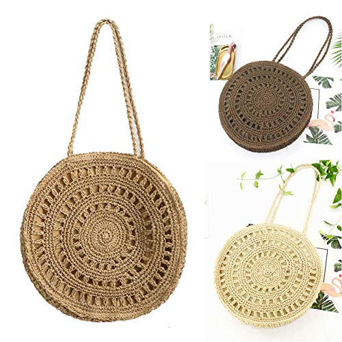 Women's Girl Boho Handwoven Rattan Straw Bag Shoulder Bag Handbag (Brown)