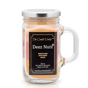 deez nutz scented candle – banana nut bread, toasted coconut, hazelnut scented triple layer candle – 10.5 oz mason jar candle – funny gag joke candle poured in small batches in usa- the candle daddy