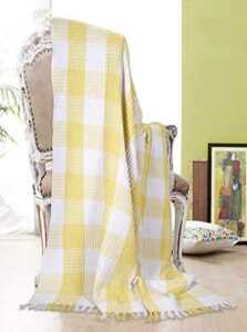 ramanta home buffalo plaid cotton throw blanket with fringes 50×60 inch- lime yellow,cotton throw for sofa, farmhouse throw,throw for couch,everyday use,well crafted for durabilty,all season blanket