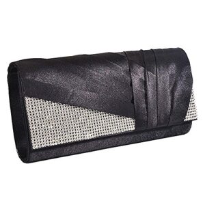 U-Story Womens Satin Pleated Evening Clutch Rhinestone Wedding Prom Purse Handbag (Black)