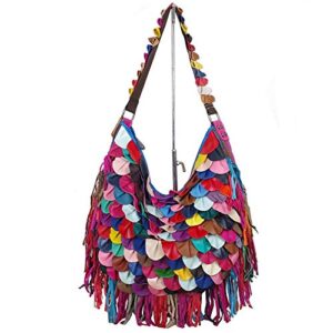 segater® women’s full sheepskin hobo bag multicolour patchwork shoulder bag 3d leaf pattern colorful tassel handbag purses multicoloured
