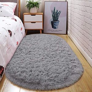 junovo oval fluffy ultra soft area rugs for bedroom plush shaggy carpet for kids room bedside nursery mats, 2.6 x 5.3ft, grey