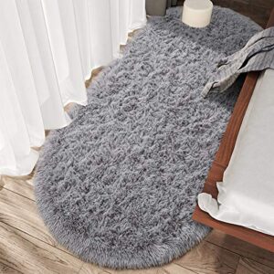 junovo Oval Fluffy Ultra Soft Area Rugs for Bedroom Plush Shaggy Carpet for Kids Room Bedside Nursery Mats, 2.6 x 5.3ft, Grey