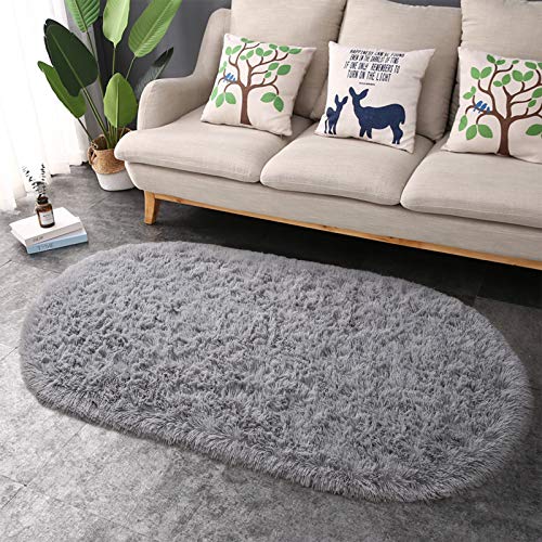 junovo Oval Fluffy Ultra Soft Area Rugs for Bedroom Plush Shaggy Carpet for Kids Room Bedside Nursery Mats, 2.6 x 5.3ft, Grey