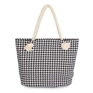 premium classic black white houndstooth print cotton canvas tote shoulder bag handbag one size