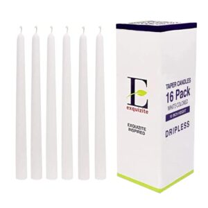 exquizite white taper candles – 16 pack unscented dripless taper candles 10 inch x 3/4 inch – perfect tapered candles for home, centerpieces, emergency candle, weddings, parties and special occasions