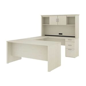bestar logan u or l-shaped executive office desk with pedestal and hutch, 66w, white chocolate