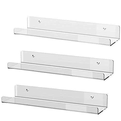 Unum Set of 3 15" Acrylic Floating Wall Ledges/Display Shelves – 5MM Thick Invisible Spice Racks - Crystal Clear Photo Ledge - Nursery/Kids' Bookshelf - 15" L x 4" D x 2" H (3-Pack)