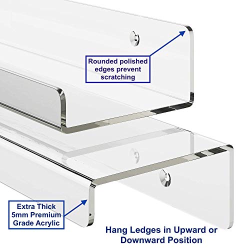 Unum Set of 3 15" Acrylic Floating Wall Ledges/Display Shelves – 5MM Thick Invisible Spice Racks - Crystal Clear Photo Ledge - Nursery/Kids' Bookshelf - 15" L x 4" D x 2" H (3-Pack)