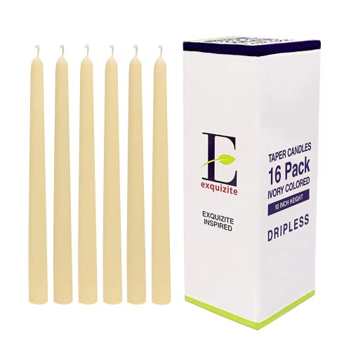 Exquizite Ivory Taper Candles - 16 Pack Unscented Dripless Taper Candles 10 inch x 3/4 inch - Perfect Tapered Candles for Home, Centerpieces, Emergency Candle, Weddings, Parties and Special Occasions