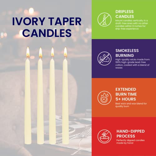 Exquizite Ivory Taper Candles - 16 Pack Unscented Dripless Taper Candles 10 inch x 3/4 inch - Perfect Tapered Candles for Home, Centerpieces, Emergency Candle, Weddings, Parties and Special Occasions