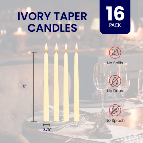 Exquizite Ivory Taper Candles - 16 Pack Unscented Dripless Taper Candles 10 inch x 3/4 inch - Perfect Tapered Candles for Home, Centerpieces, Emergency Candle, Weddings, Parties and Special Occasions