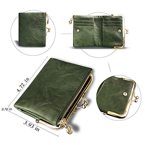 AOXONEL Womens Wallet Small Rfid Ladies Compact Bifold Leather Vintage Coin Purse With Zipper and Kiss Lock (Green)