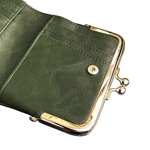 AOXONEL Womens Wallet Small Rfid Ladies Compact Bifold Leather Vintage Coin Purse With Zipper and Kiss Lock (Green)